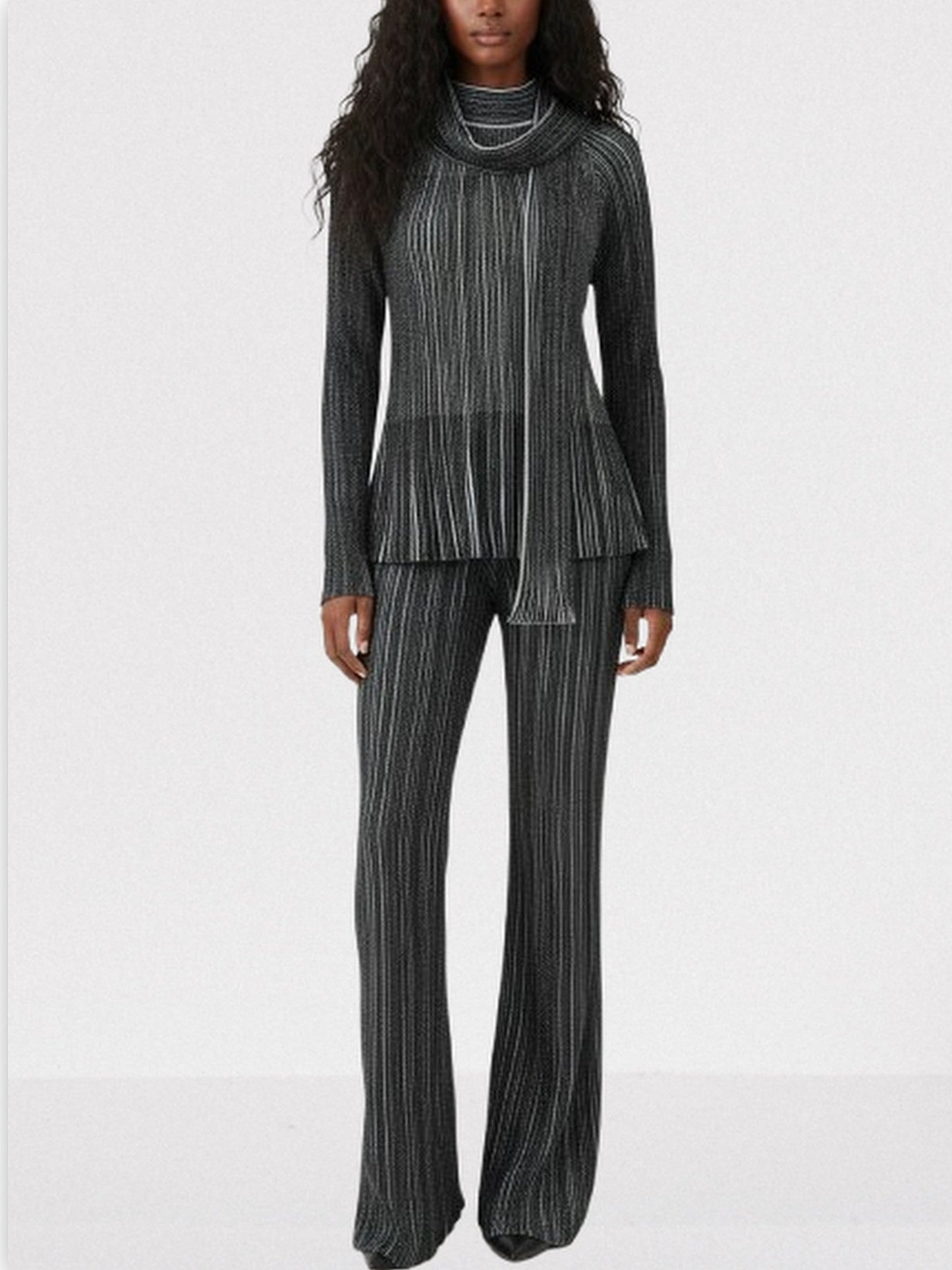 Metallic Ribbed Knit Top and Pants Set with Scarf - S - Suits & Sets