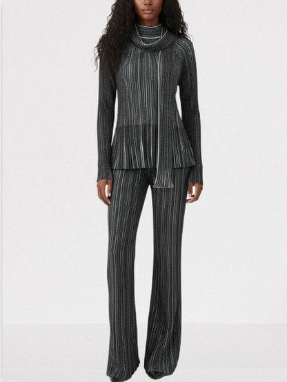 Metallic Ribbed Knit Top and Pants Set with Scarf - S - Suits & Sets