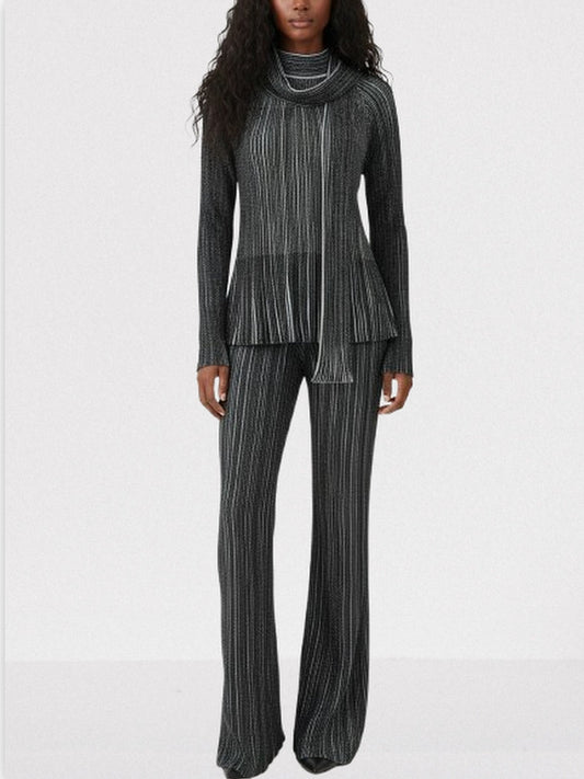 Metallic Ribbed Knit Top and Pants Set with Scarf - S - Suits & Sets