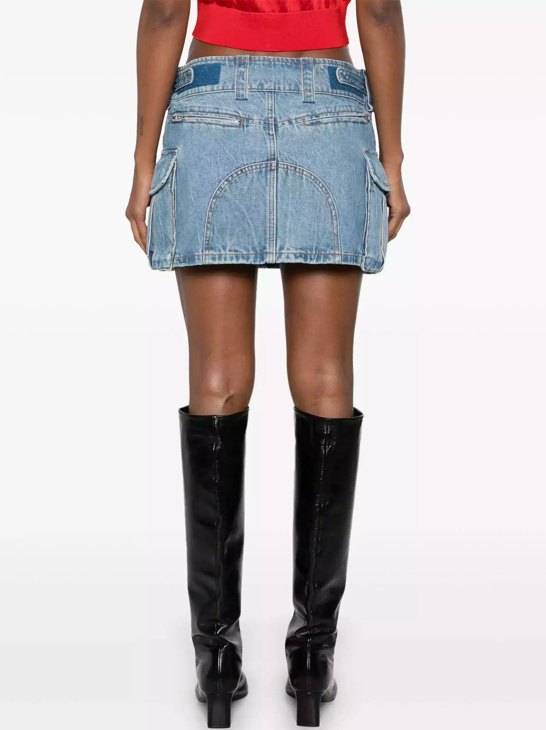 Mid-Rise Denim Cargo Pocket Mini Skirt - Skirts