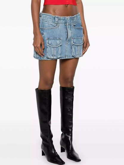Mid-Rise Denim Cargo Pocket Mini Skirt - Skirts