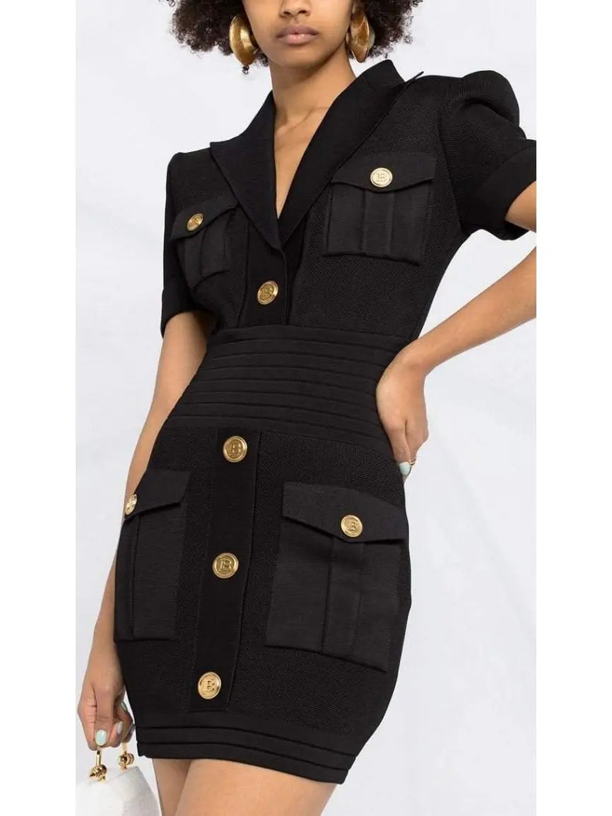 Military Pocket Mini Dress with Gold-Tone Buttons Black - Dresses