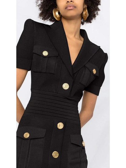 Military Pocket Mini Dress with Gold-Tone Buttons Black - Dresses