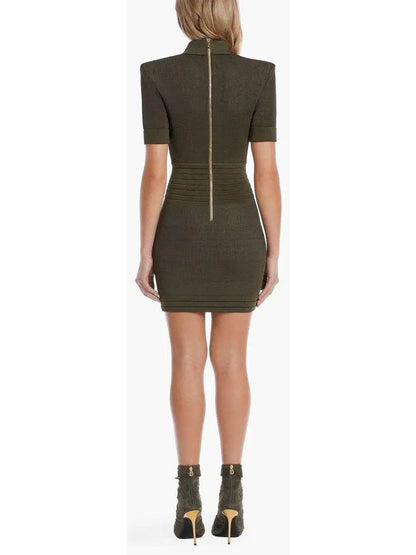 Military Pocket Mini Dress with Gold-Tone Buttons - Dresses