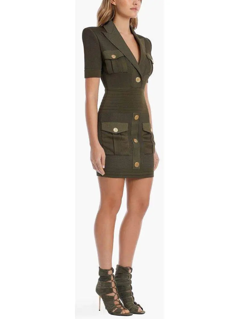 Military Pocket Mini Dress with Gold-Tone Buttons - Dresses