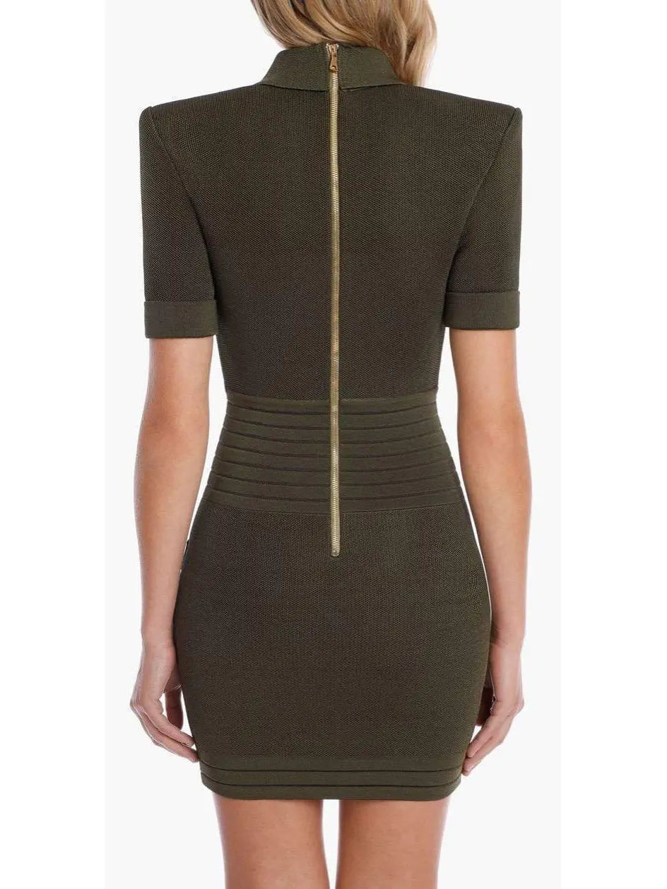 Military Pocket Mini Dress with Gold-Tone Buttons - Dresses