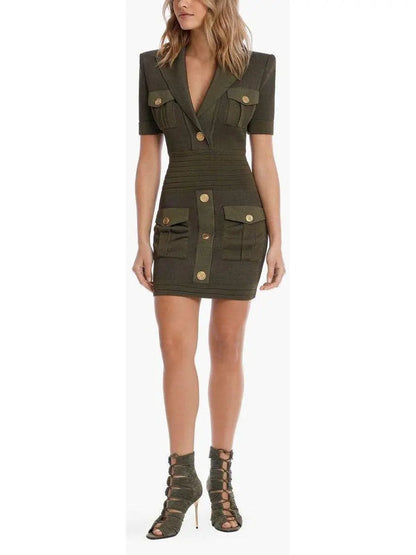 Military Pocket Mini Dress with Gold-Tone Buttons - Dresses