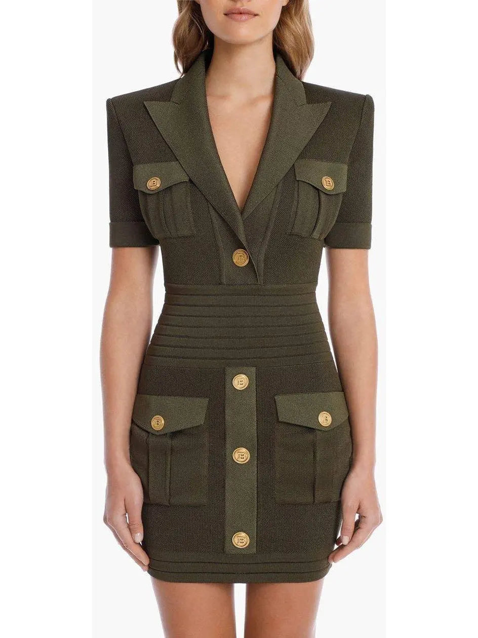 Military Pocket Mini Dress with Gold-Tone Buttons - Dresses