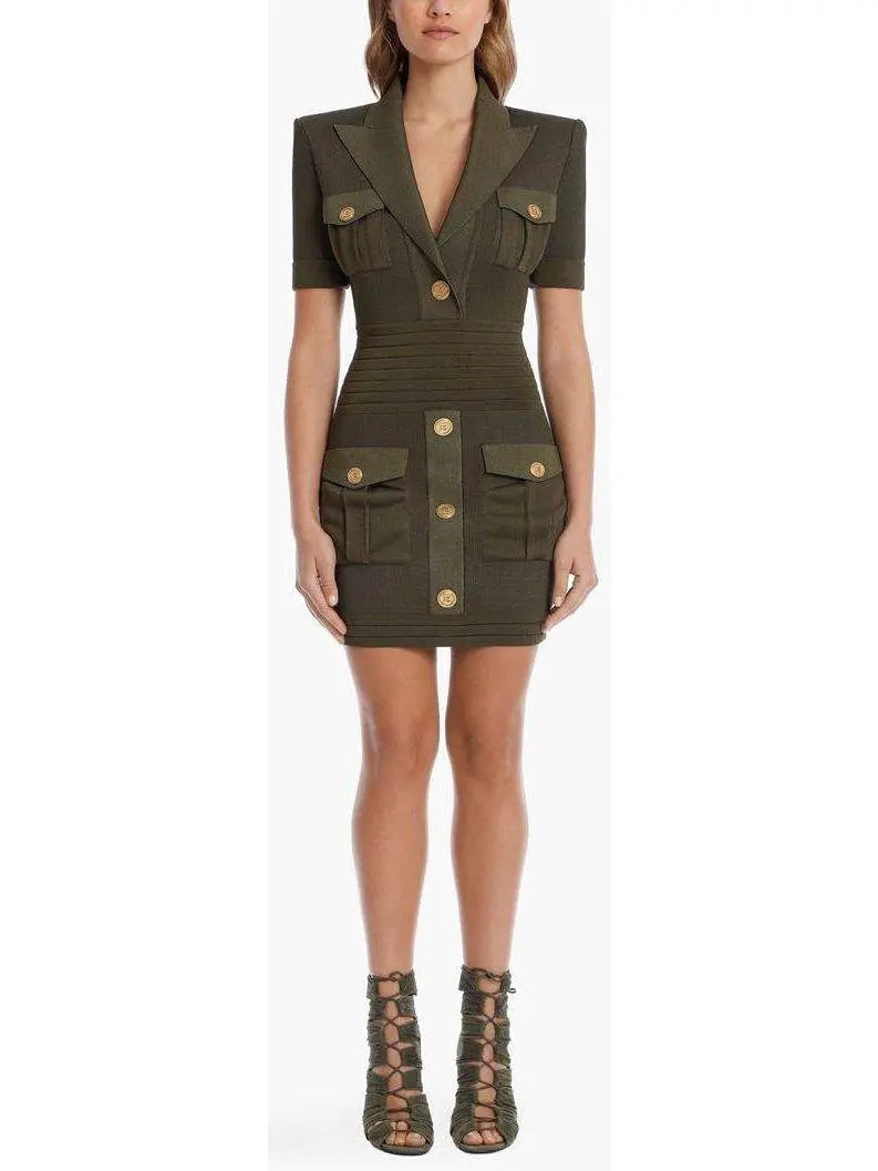 Military Pocket Mini Dress with Gold-Tone Buttons - Dresses