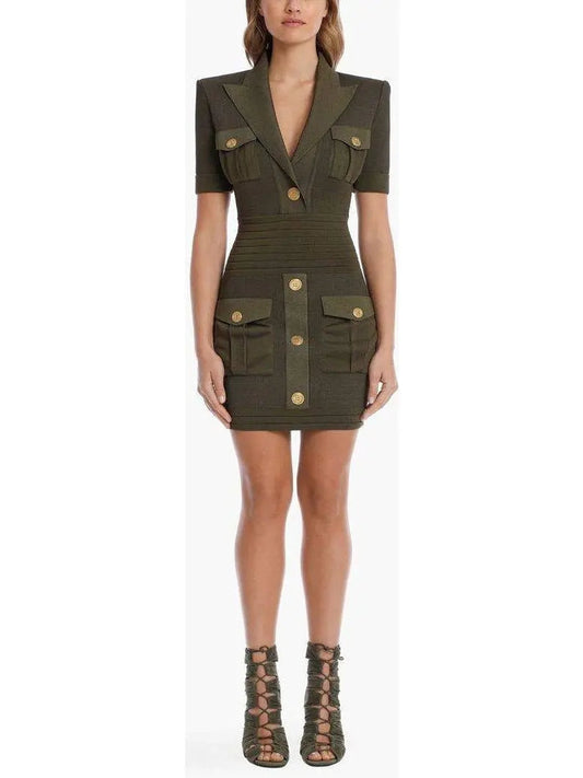 Military Pocket Mini Dress with Gold-Tone Buttons - small - Dresses