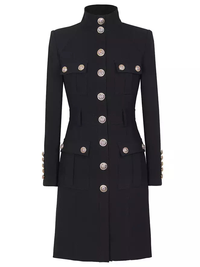 Military Style Button-Embellished Mock-Neck Mini Dress - Dresses