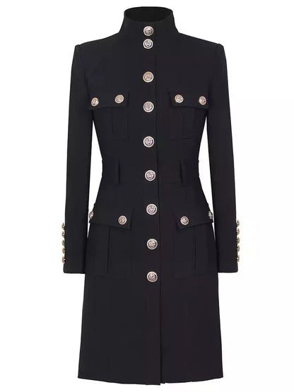 Military Style Button-Embellished Mock-Neck Mini Dress - Dresses