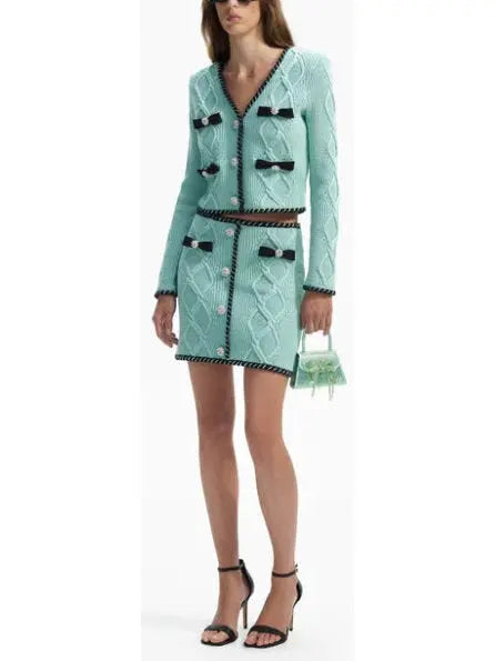 Mint Cable Knit Cardigan and Skirt Set - Suits & Sets