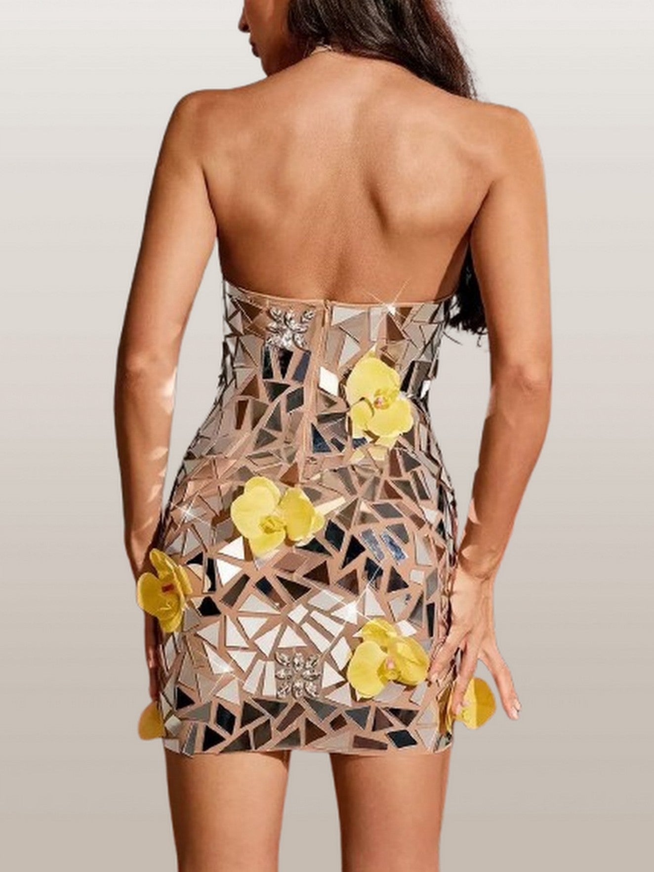 Mirror and Floral Appliqued Halter Mini Dress - Dresses