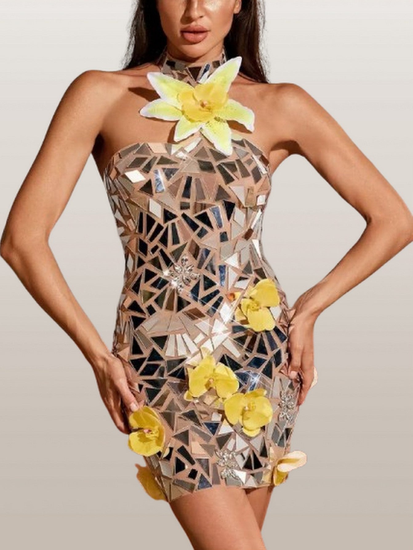 Mirror and Floral Appliqued Halter Mini Dress - Dresses