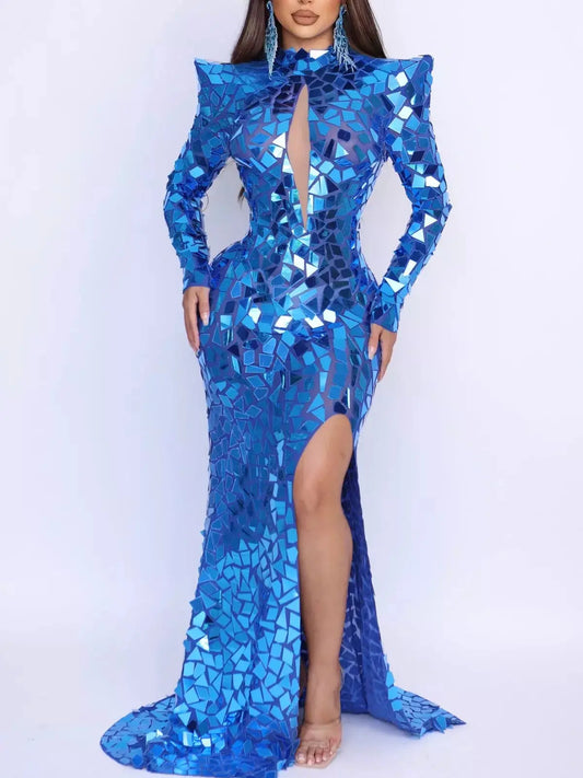 Mirror-Sequin Gown with Pointy Shoulders in Blue - Dresses