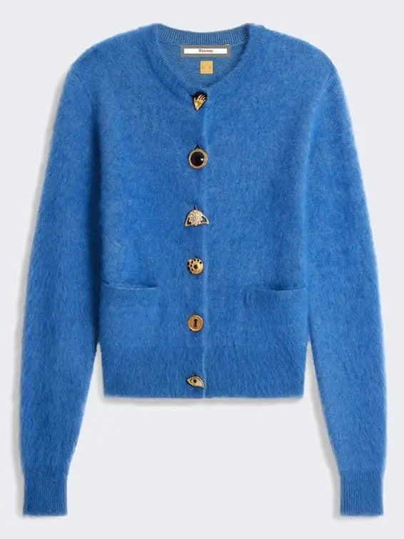 Mohair-Blend Cardigan with Decorative Buttons in Blue - Sweaters & Knitwear