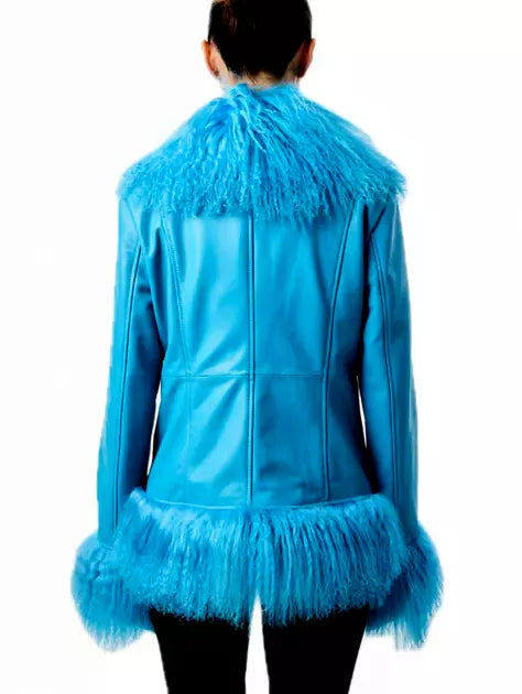 Mongolian Fur-Trim Leather Jacket in Blue - Jackets