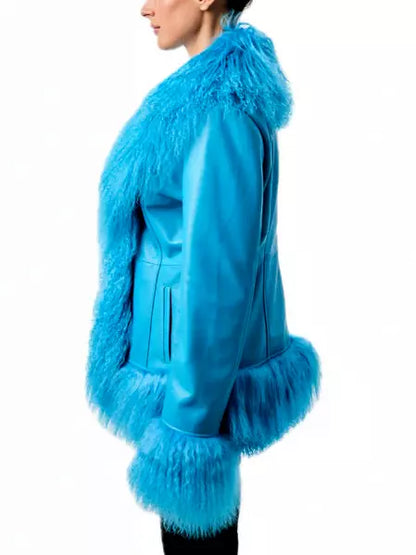 Mongolian Fur-Trim Leather Jacket in Blue - Jackets