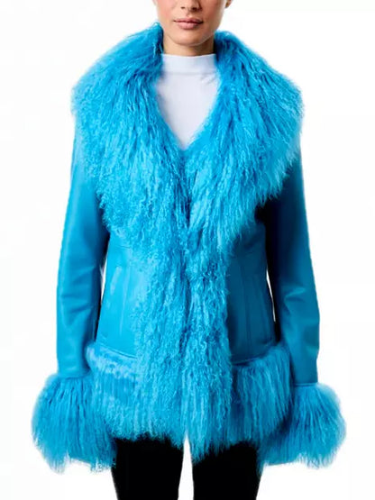 Mongolian Fur-Trim Leather Jacket in Blue - Jackets