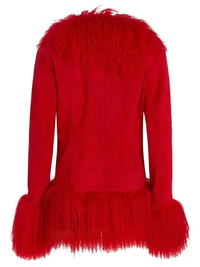 Mongolian Fur-Trim Suede Jacket in Red - Jackets