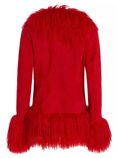 Mongolian Fur-Trim Suede Jacket in Red - Jackets