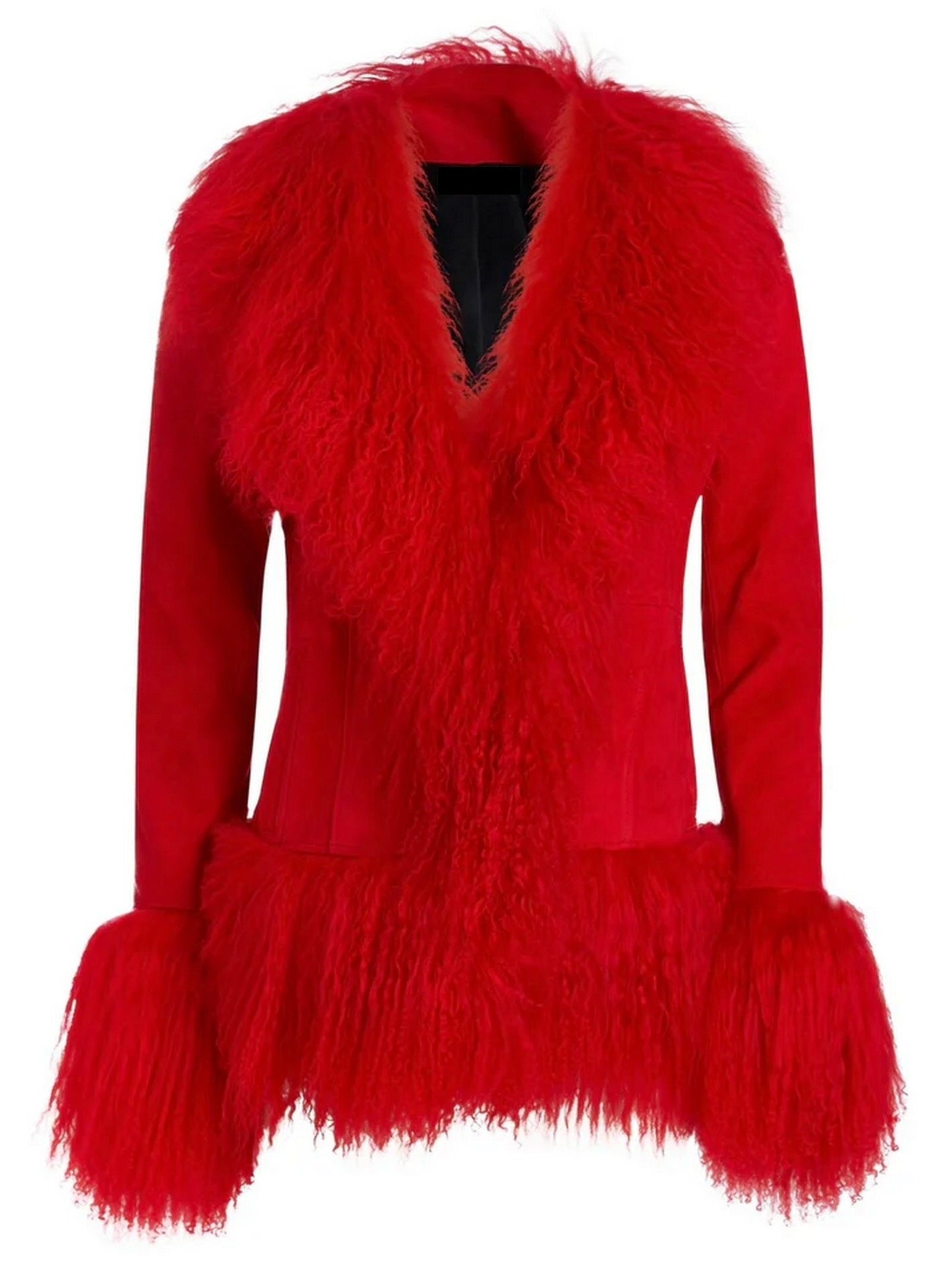 Mongolian Fur-Trim Suede Jacket in Red - Jackets