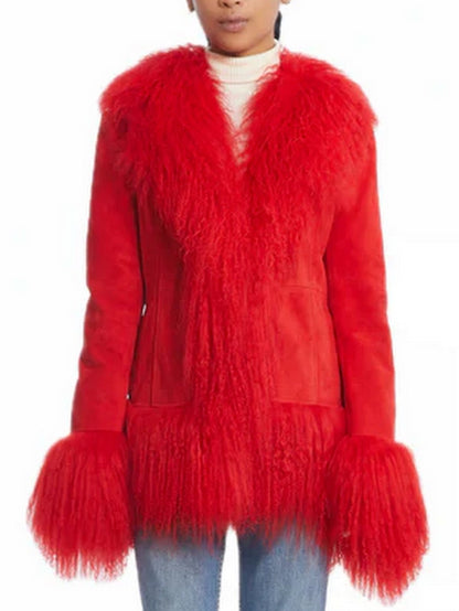 Mongolian Fur-Trim Suede Jacket in Red - Jackets