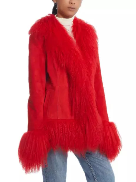 Mongolian Fur-Trim Suede Jacket in Red - Jackets