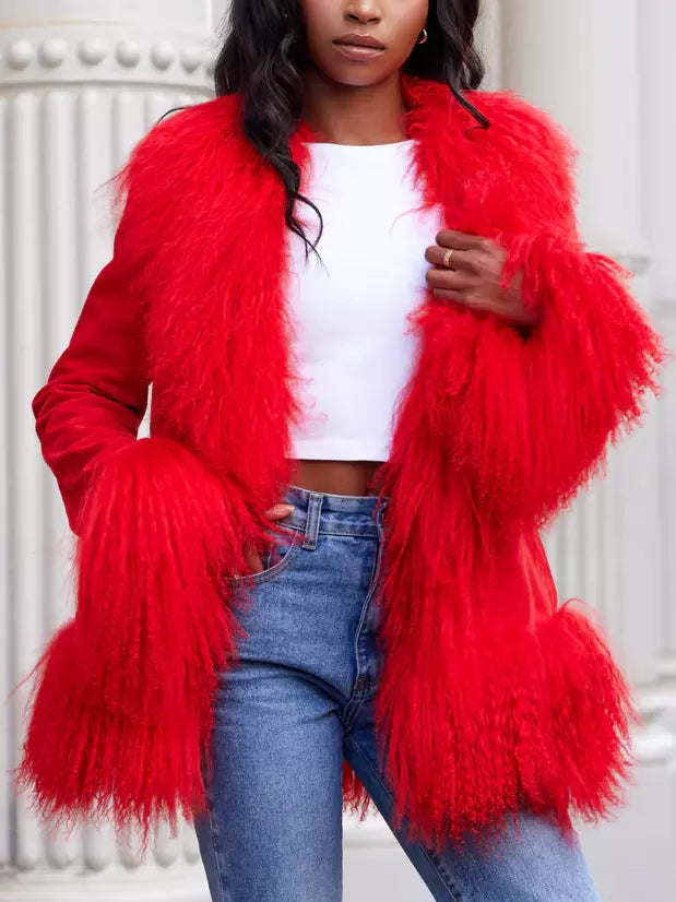 Mongolian Fur-Trim Suede Jacket in Red - Jackets