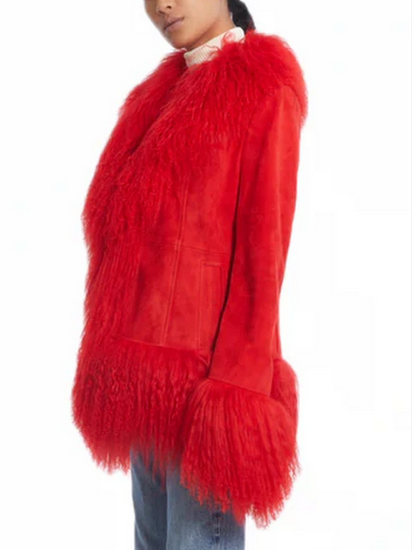 Mongolian Fur-Trim Suede Jacket in Red - Jackets