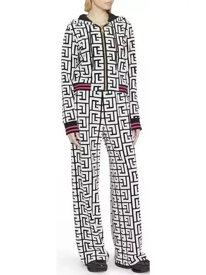 Monogram Print Hoodie and Wide Trouser Set - s - Suits & Sets