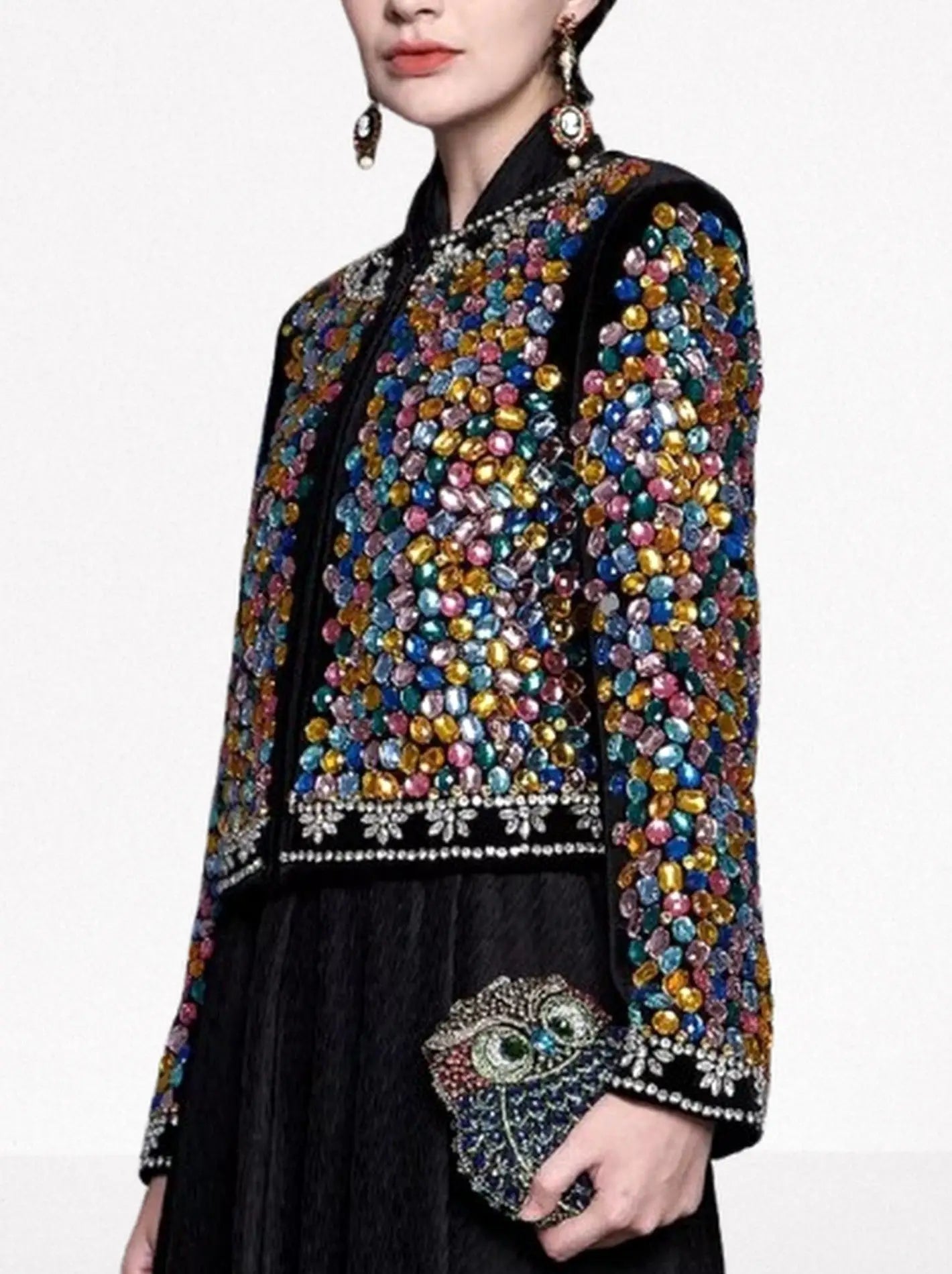 Multi-Color Gemstone Embellished Black Velvet Jacket - Jackets