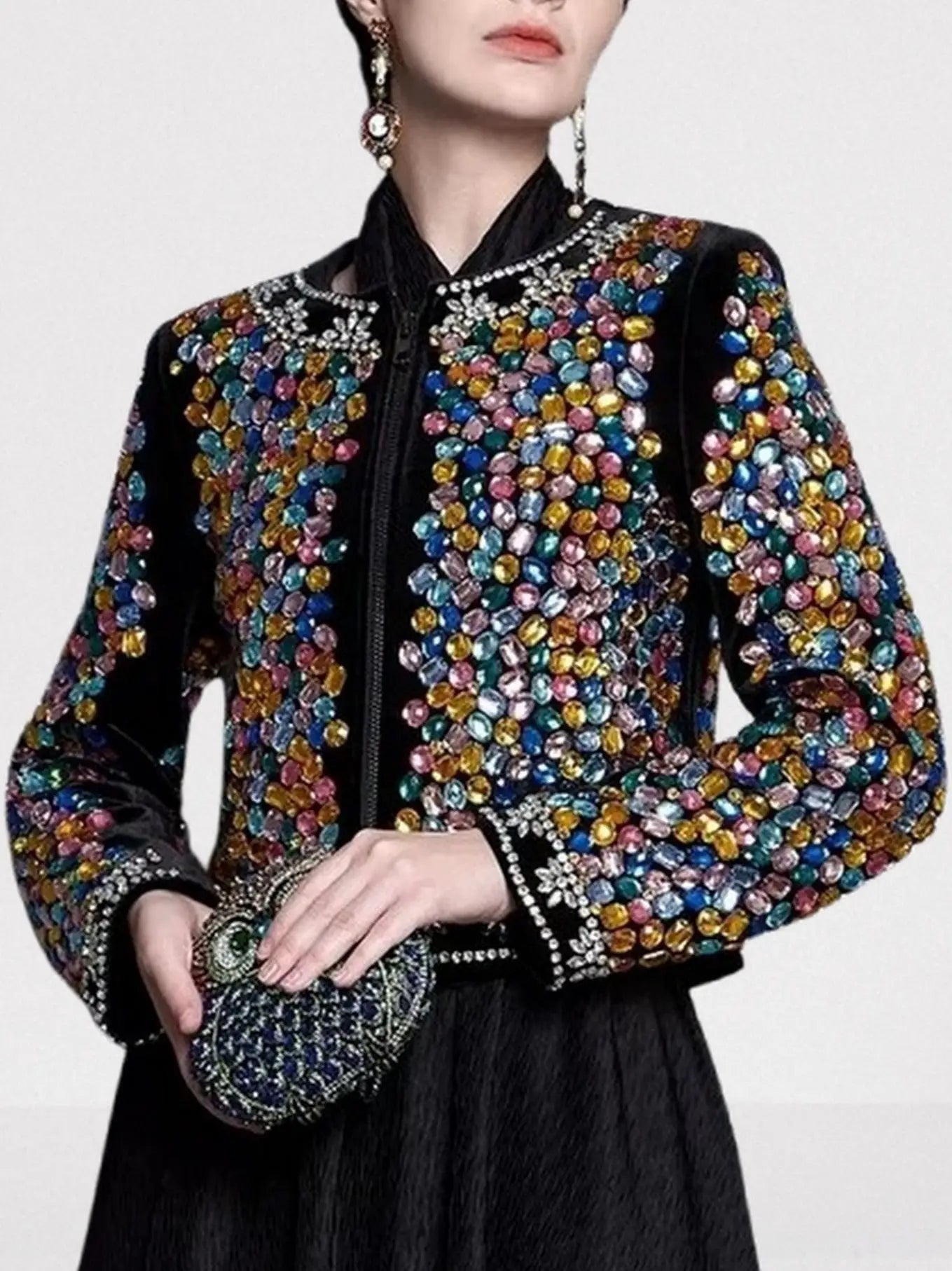 Multi-Color Gemstone Embellished Black Velvet Jacket - Jackets