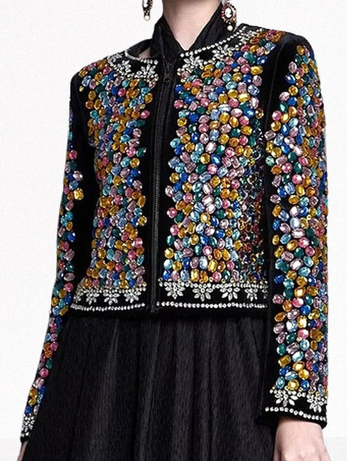 Multi-Color Gemstone Embellished Black Velvet Jacket - Jackets