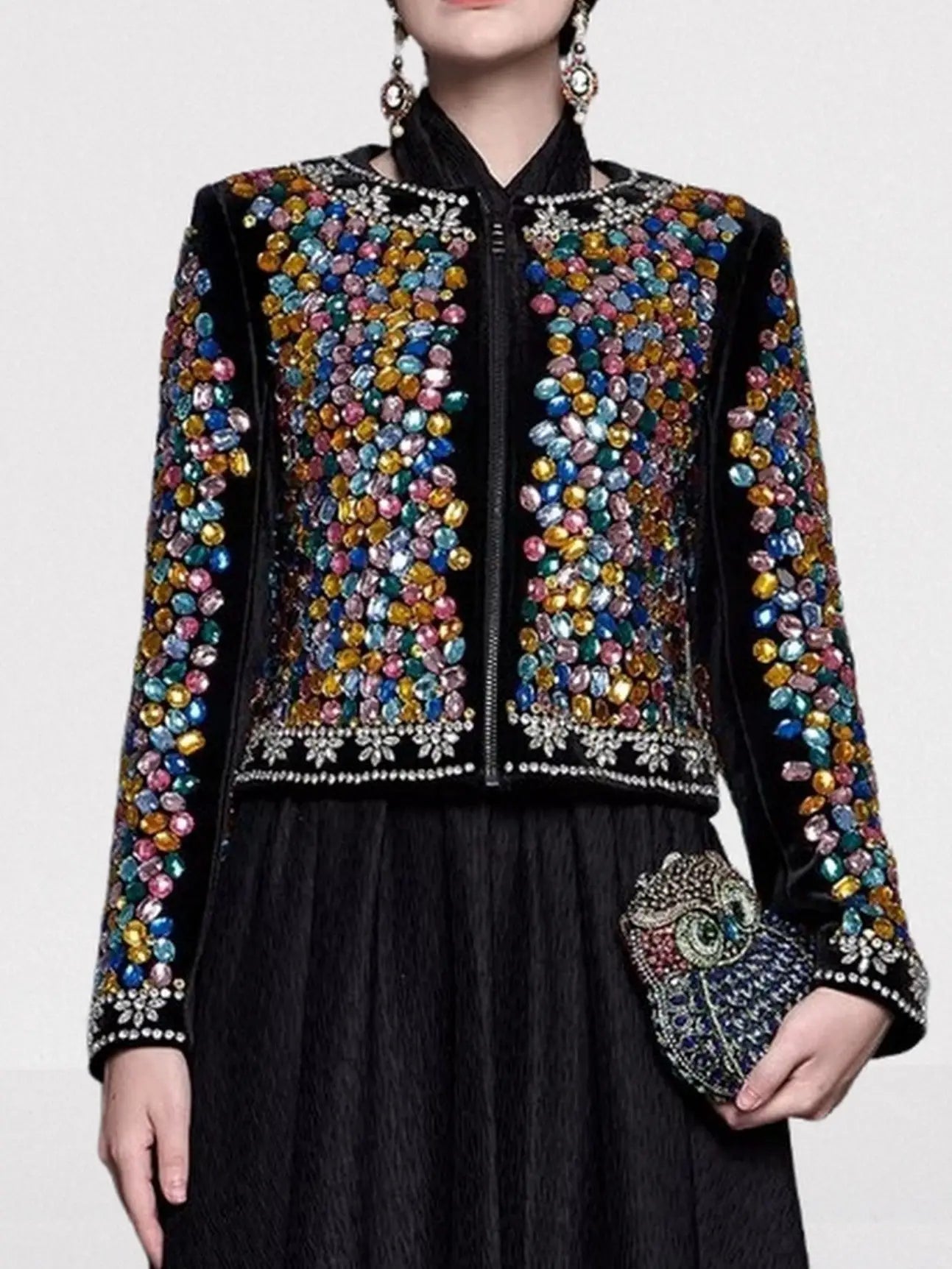 Multi-Color Gemstone Embellished Black Velvet Jacket - Jackets