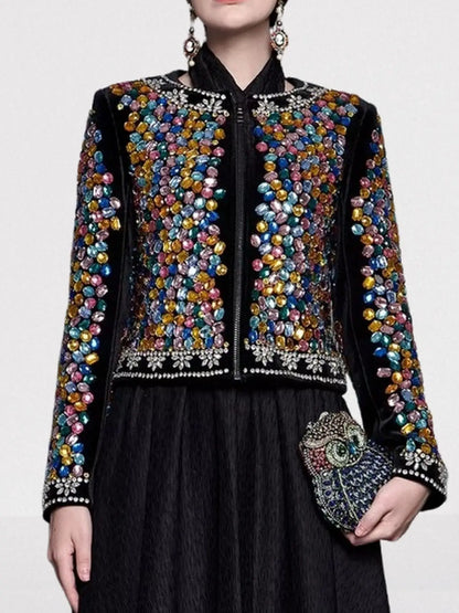 Multi-Color Gemstone Embellished Black Velvet Jacket - Jackets