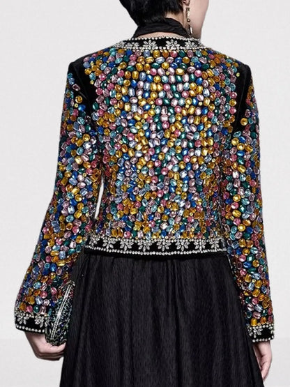 Multi-Color Gemstone Embellished Black Velvet Jacket - Jackets