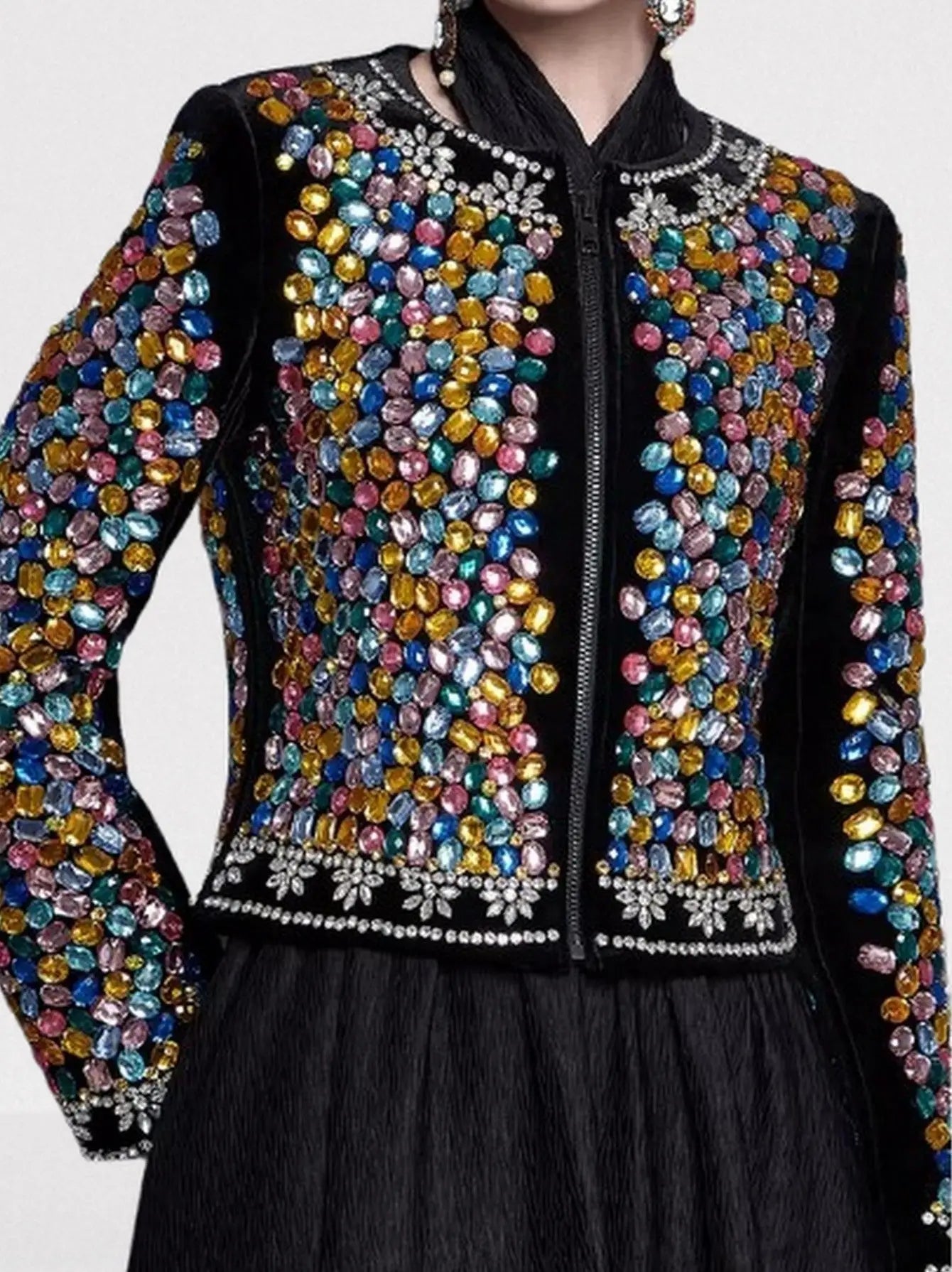Multi-Color Gemstone Embellished Black Velvet Jacket - S - Jackets