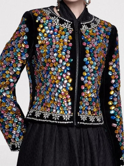 Multi-Color Gemstone Embellished Black Velvet Jacket - S - Jackets