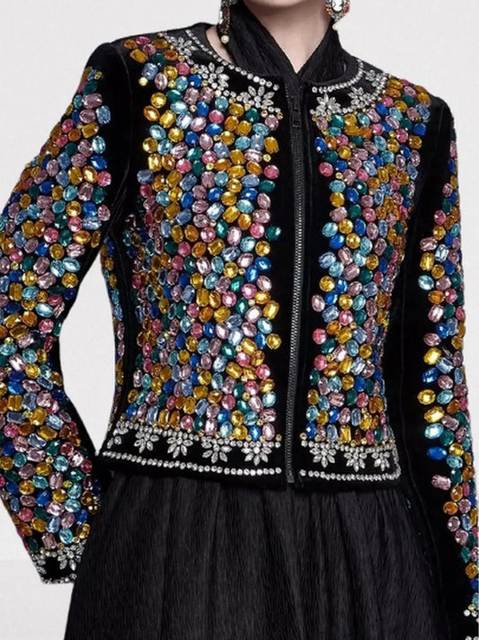 Multi-Color Gemstone Embellished Black Velvet Jacket - S - Jackets
