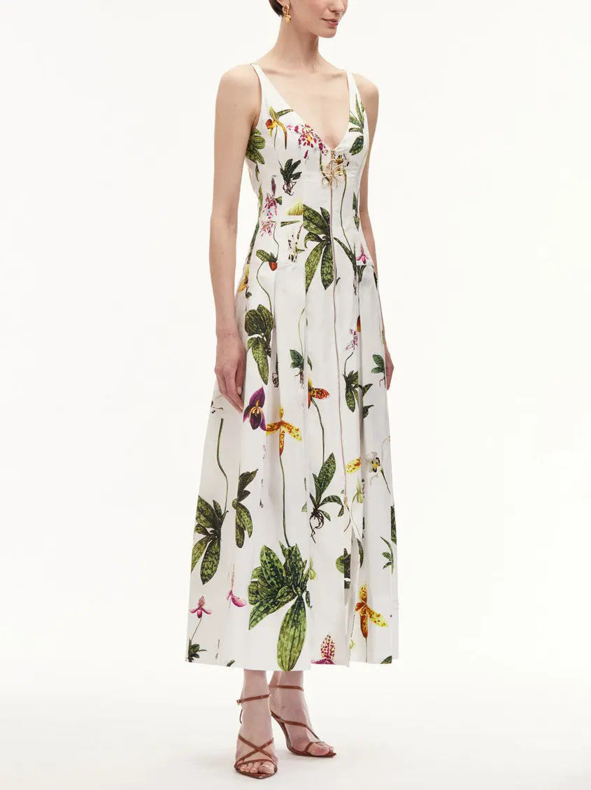 Multi Colored Orchid Printed V-Neck Zip-Front Cotton Dress in White - Dresses