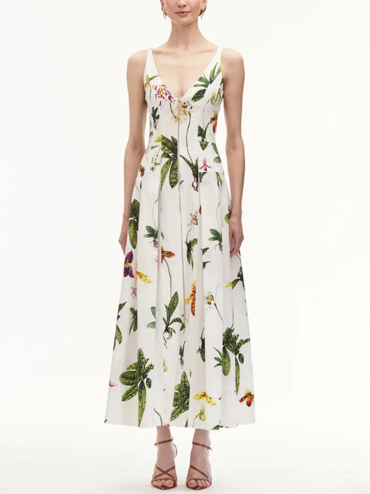 Multi Colored Orchid Printed V-Neck Zip-Front Cotton Dress in White - Dresses