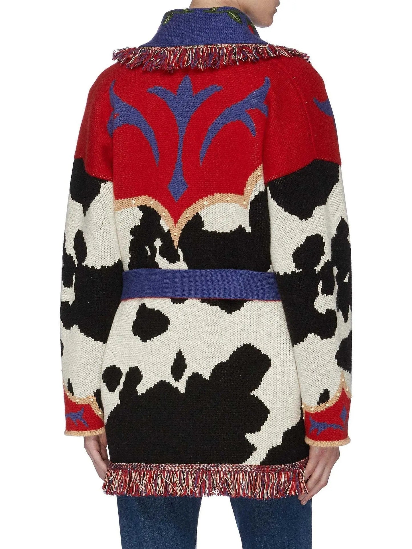 Multi Pattern Cow-Intarsia Belted Cardigan - Sweaters & Knitwear