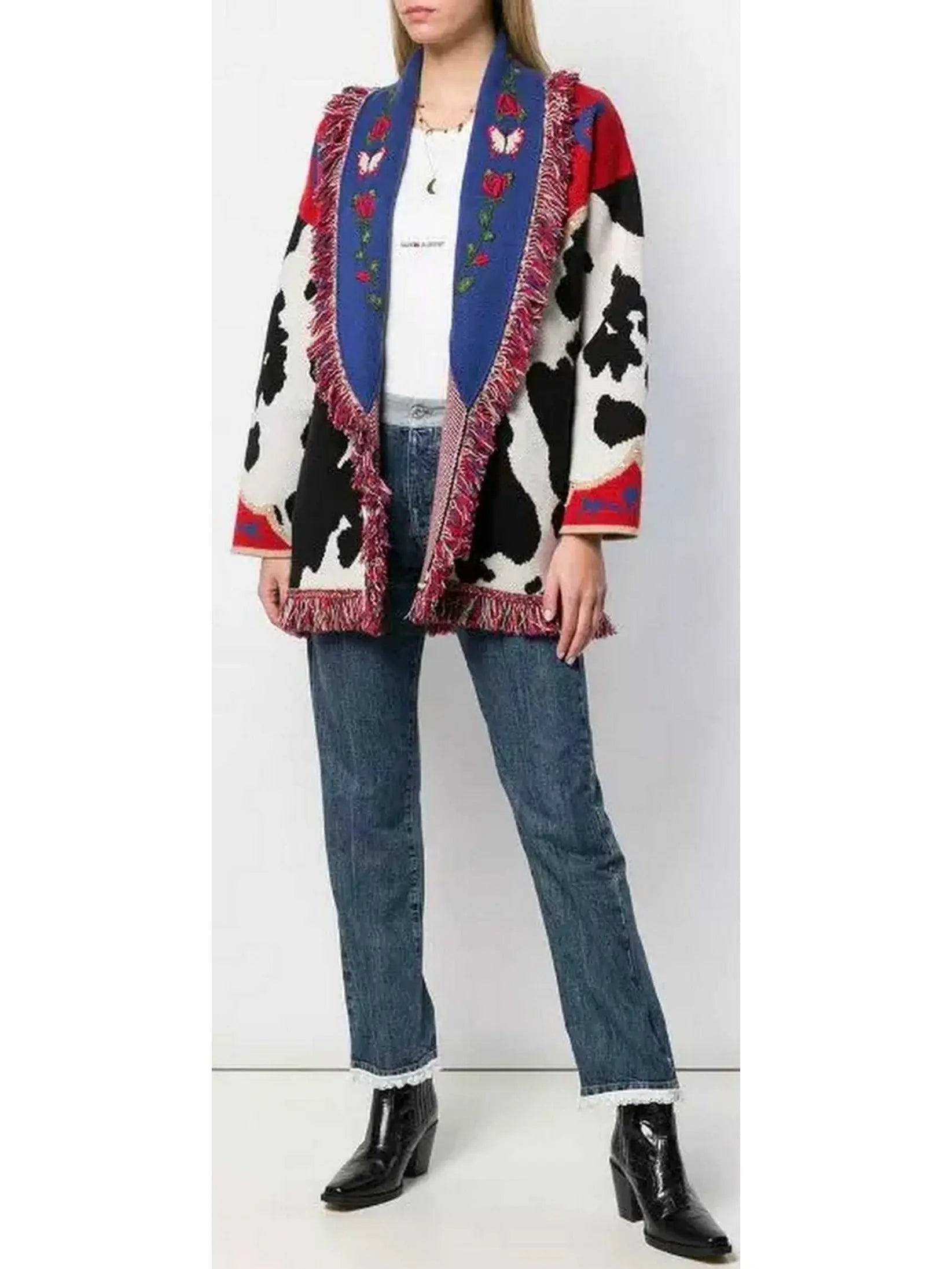 Multi Pattern Cow-Intarsia Belted Cardigan - Sweaters & Knitwear