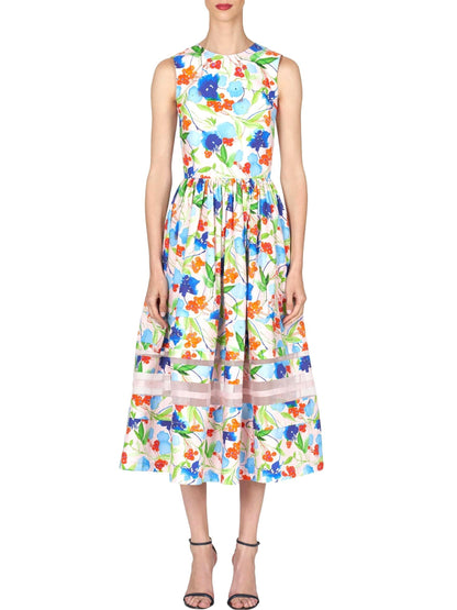 Stylish Multicolor Floral Printed Midi Dress with Sheer Panels for a chic look