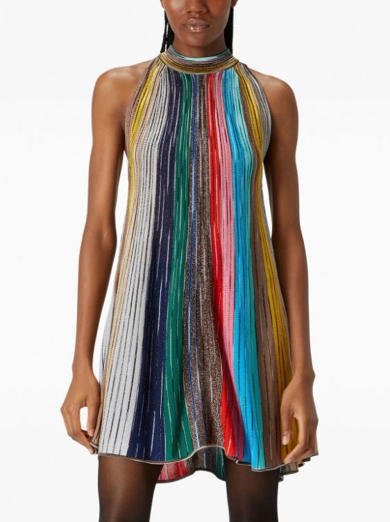 Multicolor Lamé Striped Knit Halter Mini Dress showcasing chic striped knit halter design