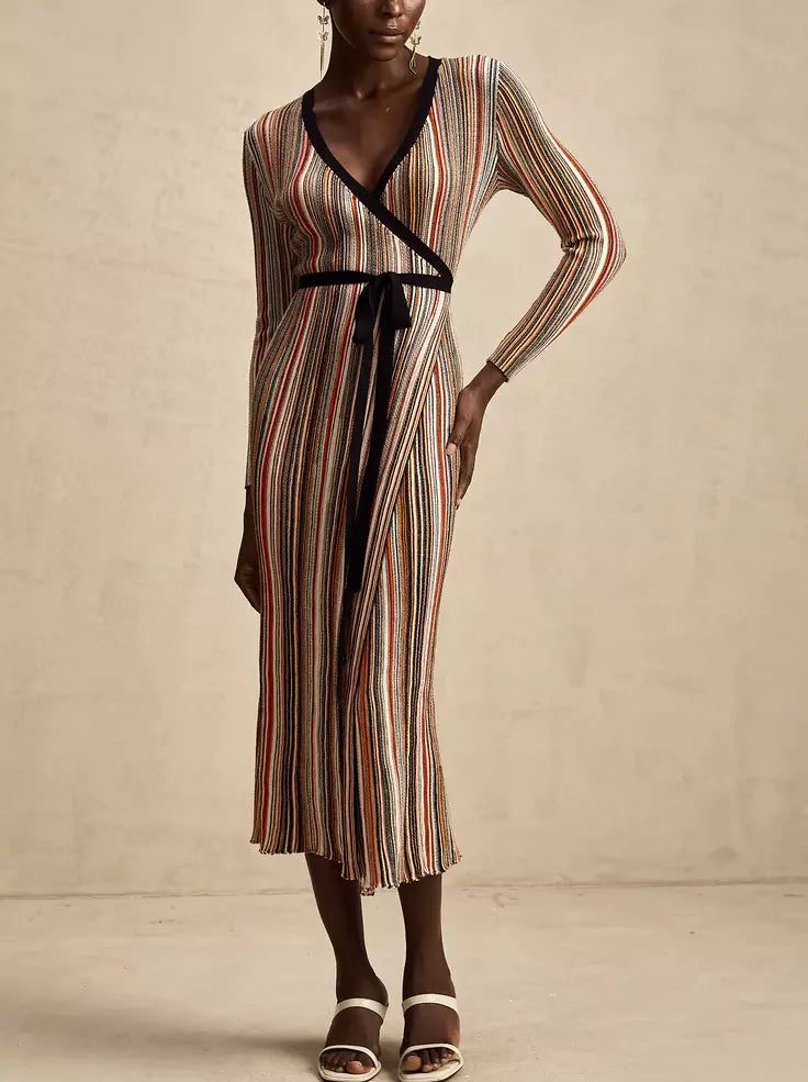Multicolor Metallic Striped Knit Wrap Dress featuring a stylish striped design and long sleeves