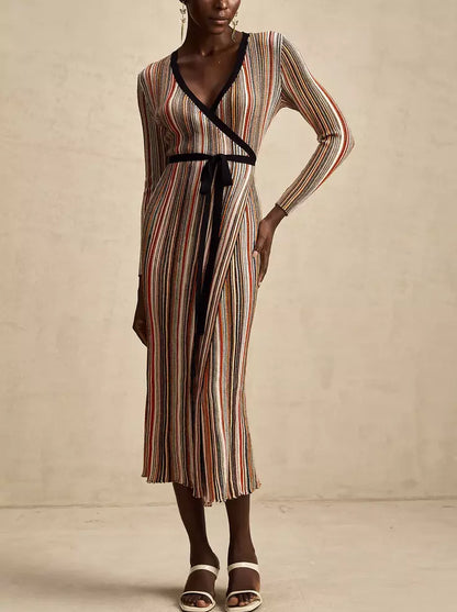 Multicolor Metallic Striped Knit Wrap Dress featuring a stylish striped design and long sleeves