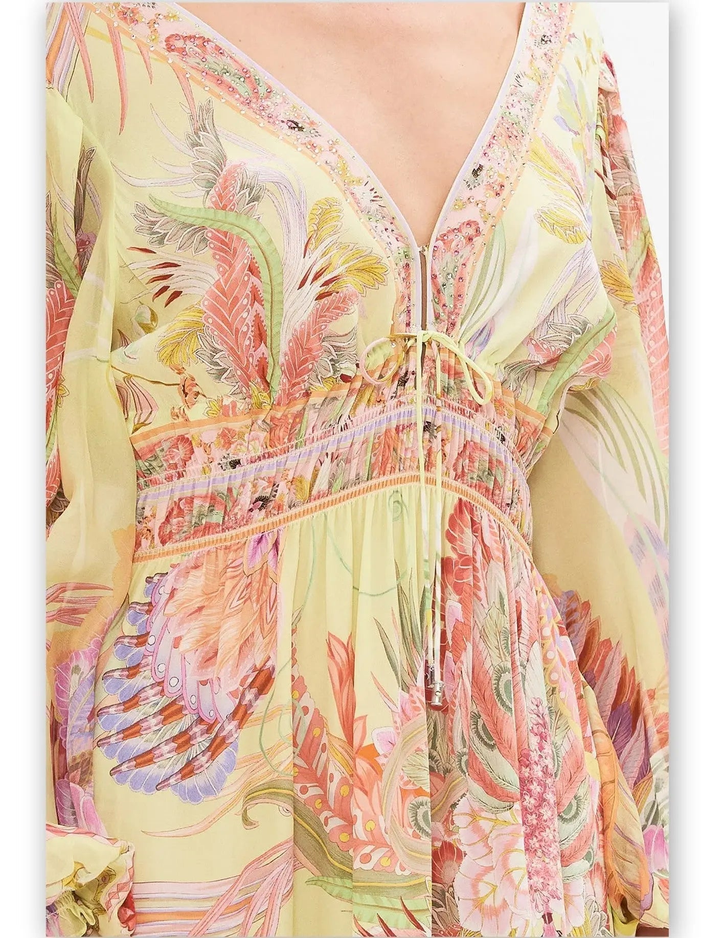 Multicolor-Printed Tie-Front Shirred Detail Dress in Yellow - Dresses